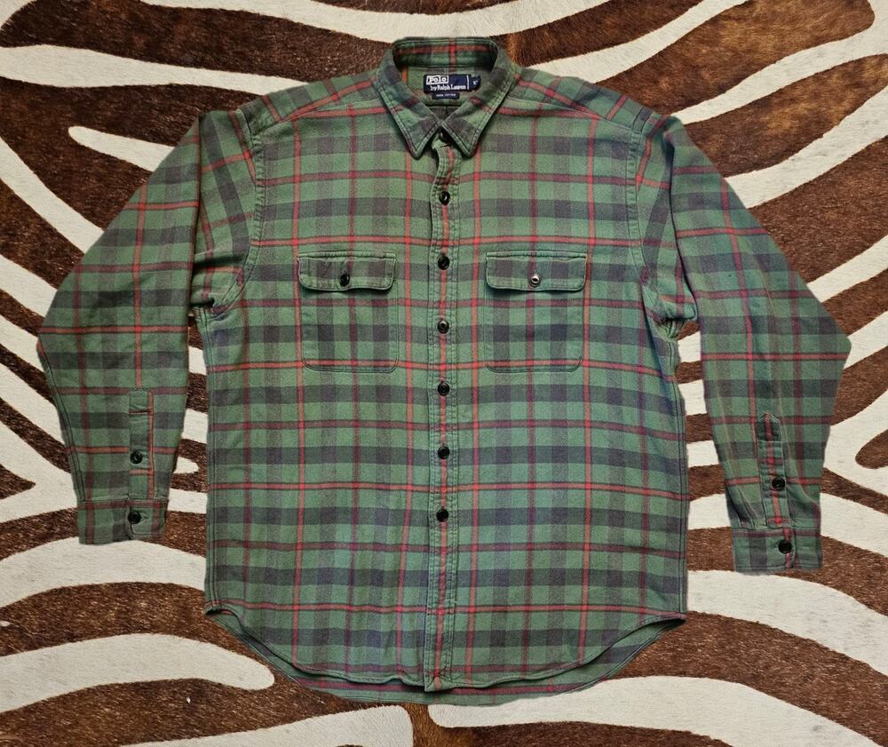 Vintage Polo Ralph Lauren Mens Thick Twill Green Plaid Long Sleeve 100% Cott XL